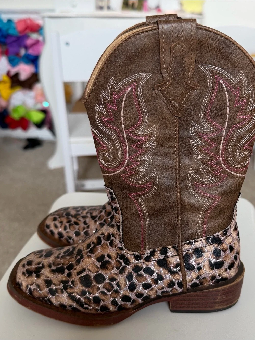 Roper Pink & Brown Leopard Print Kids Cowgirl Boots with Pink Stitching